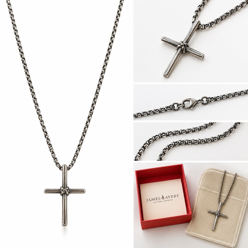 James Avery Mens Sterling Silver Rustic Cross Pendant Necklace with Box Chain